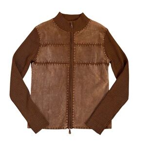 Vintage Wool Blend Suede Leather Patchwork Zip Cardigan Jacket Sweater Boho 70s